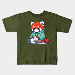 red panda petting cat Kids T-Shirt